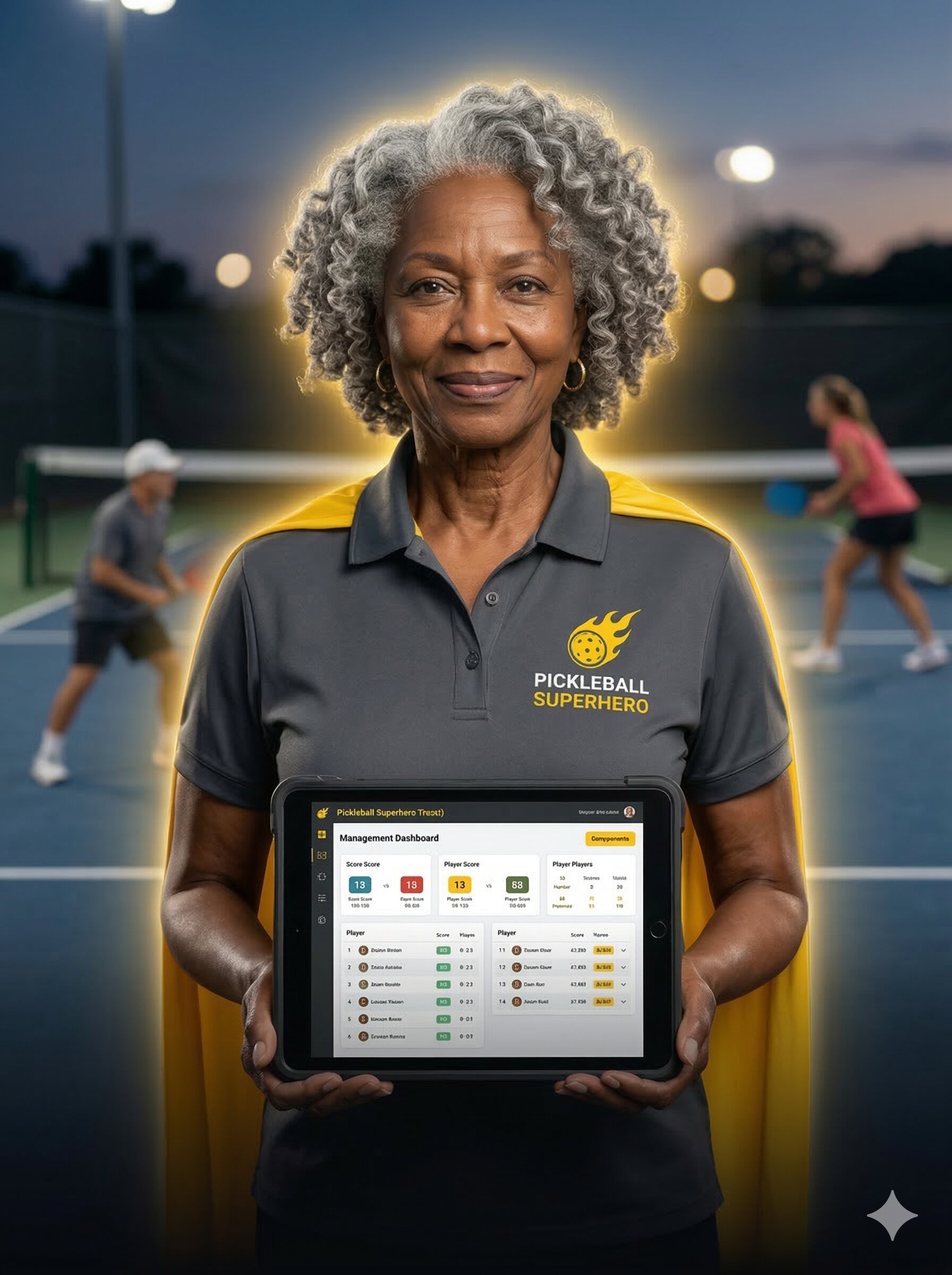 Tournament director with Pickleball Superhero cape on the courts